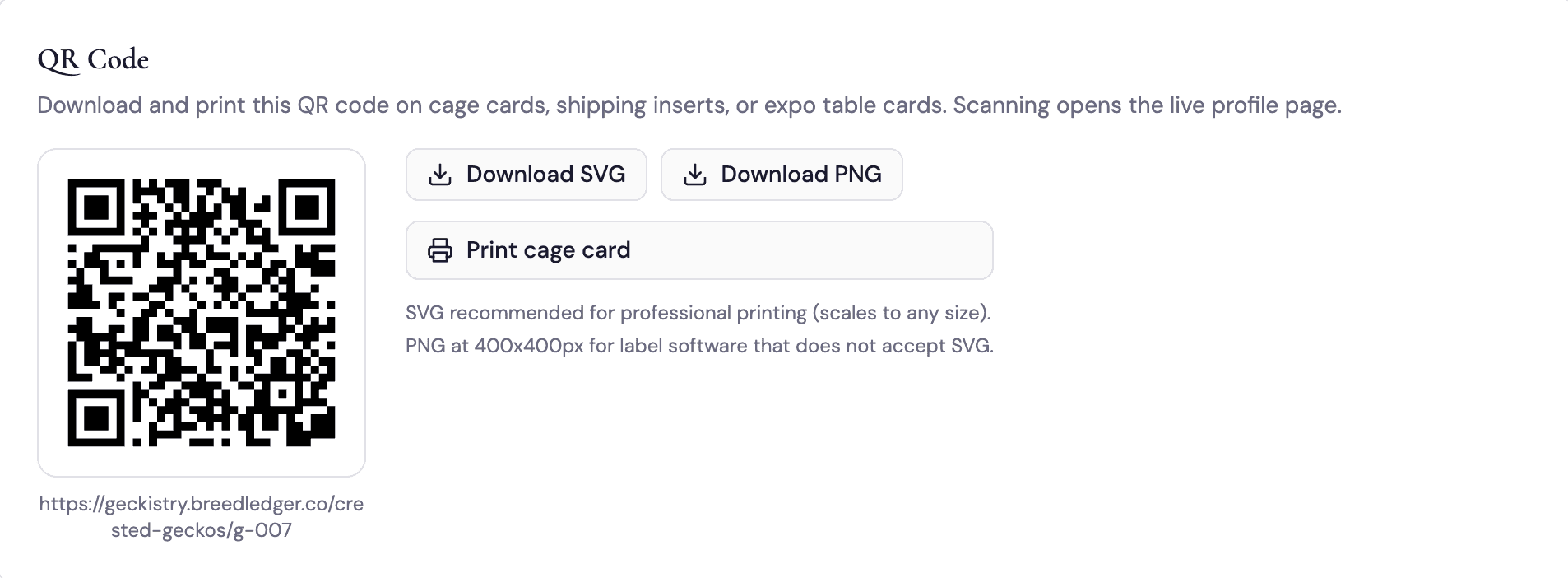QR code enclosure-card preview from Breed Ledger